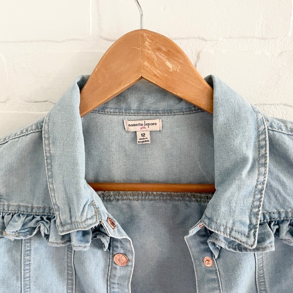 Nanette Lepore girl’s Denim Jacket Crop Light wash Ruffled Cotton blend Sz 12 - Picture 4 of 10